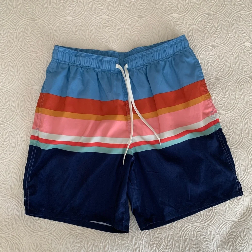 Goodfellow & Co Swim Shorts Men Size M Blue White Pink Stripes Pocket Drawstring